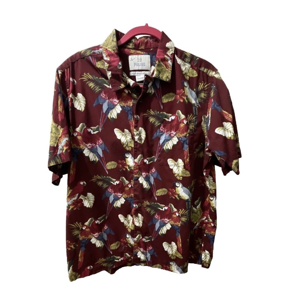 28 Palms Mens Large Red Short Sleeve Hawaiian Shirt Parrots Palm Leaves Hibiscus